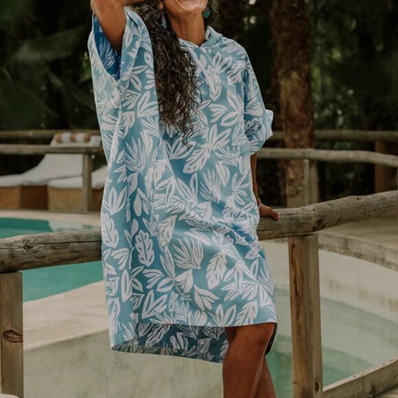 Ripskirt Hawaii Swim Cover Up One Size Tropical Print Blue Changing Poncho Hood - Picture 1 of 8